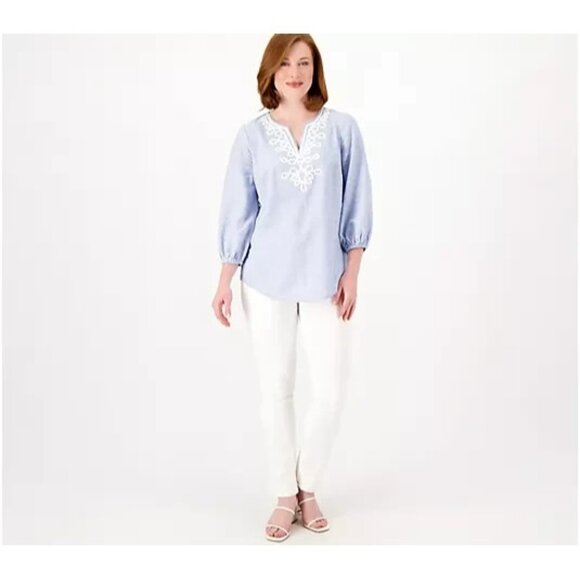 Susan Graver Pure Cross Dyed Regular Linen Blend Tunic Blue Glass 2XS A574050 - Picture 3 of 4